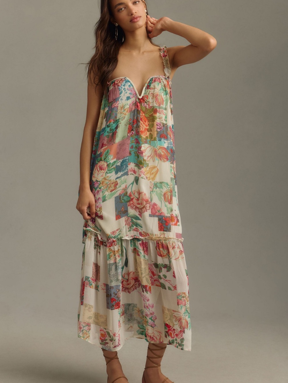 Anthropologie Floral Patchwork Maxi Dress in Cream, Pink, Green, Blue